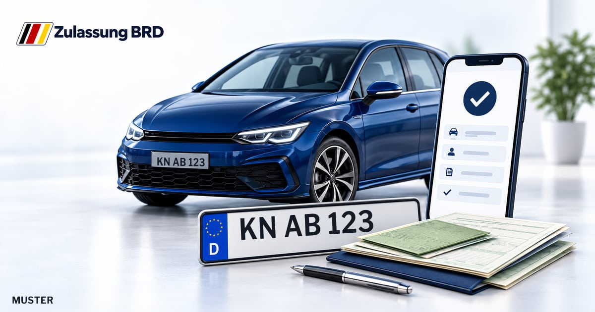 Online Fahrzeugzulassung in Landkreis Konstanz: Musterkennzeichen KN AB 123, Auto und Fahrzeugpapiere und Smartphone. Illustration mit Logo von Zulassung BRD.